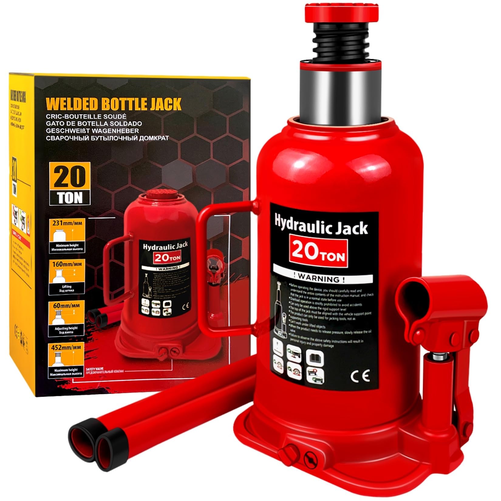 Torin - Gato hidráulico de botella con caja de color, capacidad de 20 toneladas (40 libras), rango de elevación de 7.5 a 14 pulgadas, gato de botella soldada multidireccional para automóvil