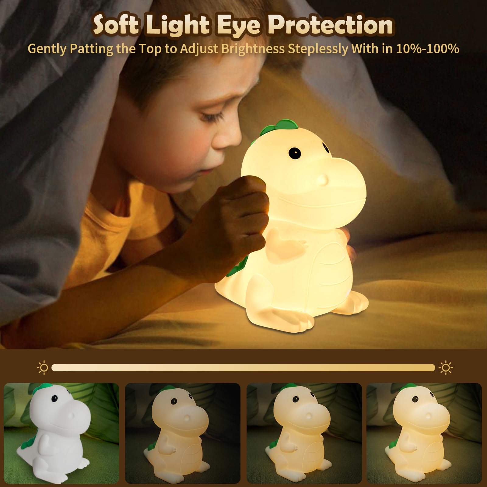 BaFuland Luce notturna per bambini, 7 colori, 3 luminosità, luce notturna dinosauro, lenitiva e ricaricabile in silicone, regalo per bambini