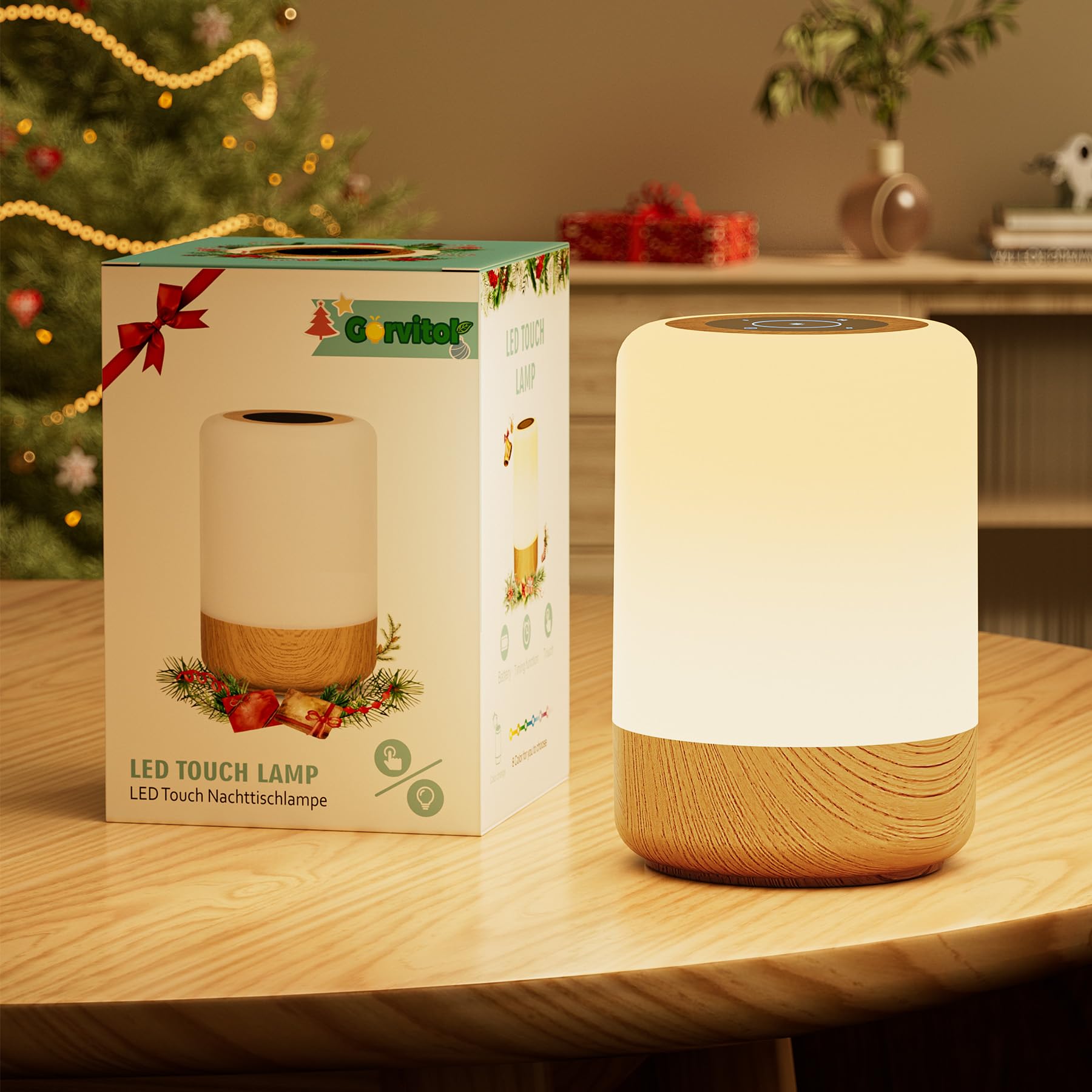Görvitor Nachttischlampe Touch Dimmbar, Nachtlicht Kinder Farbwechsel 4 Modi, USB Aufladbar Warmes Stilllicht Touch Lampe mit Timing & Memory, LED Tischlampe Kabellos für Weihnachten Geschenke Deko