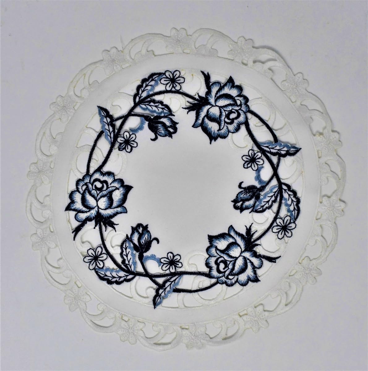 212 Main 24 in. Blue Rose on White Fabric Doily