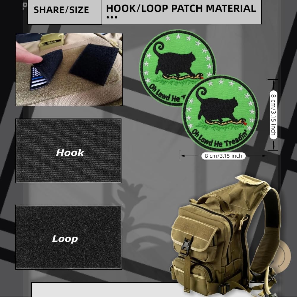 2 Pack Oh Lawd He Treadin Embroidered Patches,Funny Black Cat Hook and Loop Tactical Fastener, Green Humorous Appliques for Hats Jackets Backpacks,Cute Animal Morale Badges Clothing Bags Accessories image 2