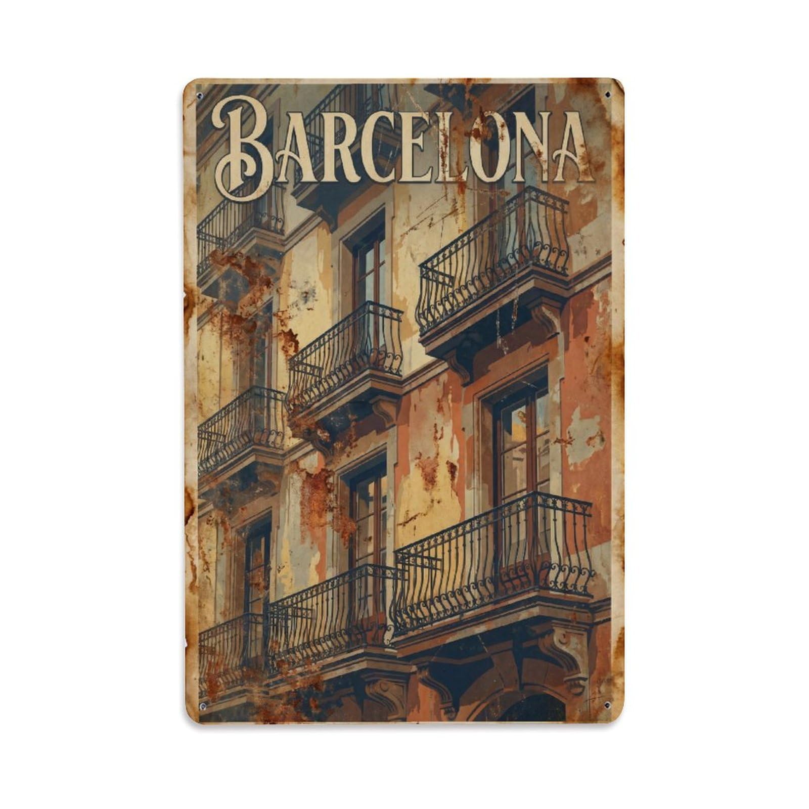 Okngb Style Vintage Balconies Barcelona Spanish Coastal Travel Metal Tin Sign Plaque Wall Decor For Cafe, Man Cave, Club Bar, Office, Home Garden Round Metal Poster 8X12inch