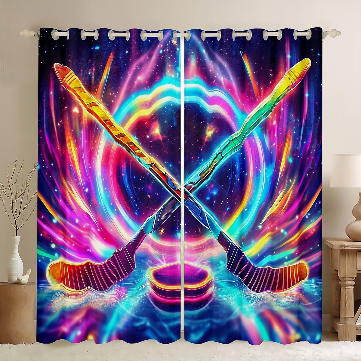 Manfei Ice Hockey Curtains for Children,Modern Sporting Ball Game Hockey Lovers Window Drapes Bedroom,Hockey Stick Neon Purple Blue Glitter Window Treatment Block 30%-50% Light 2 Panels,42Wx90L