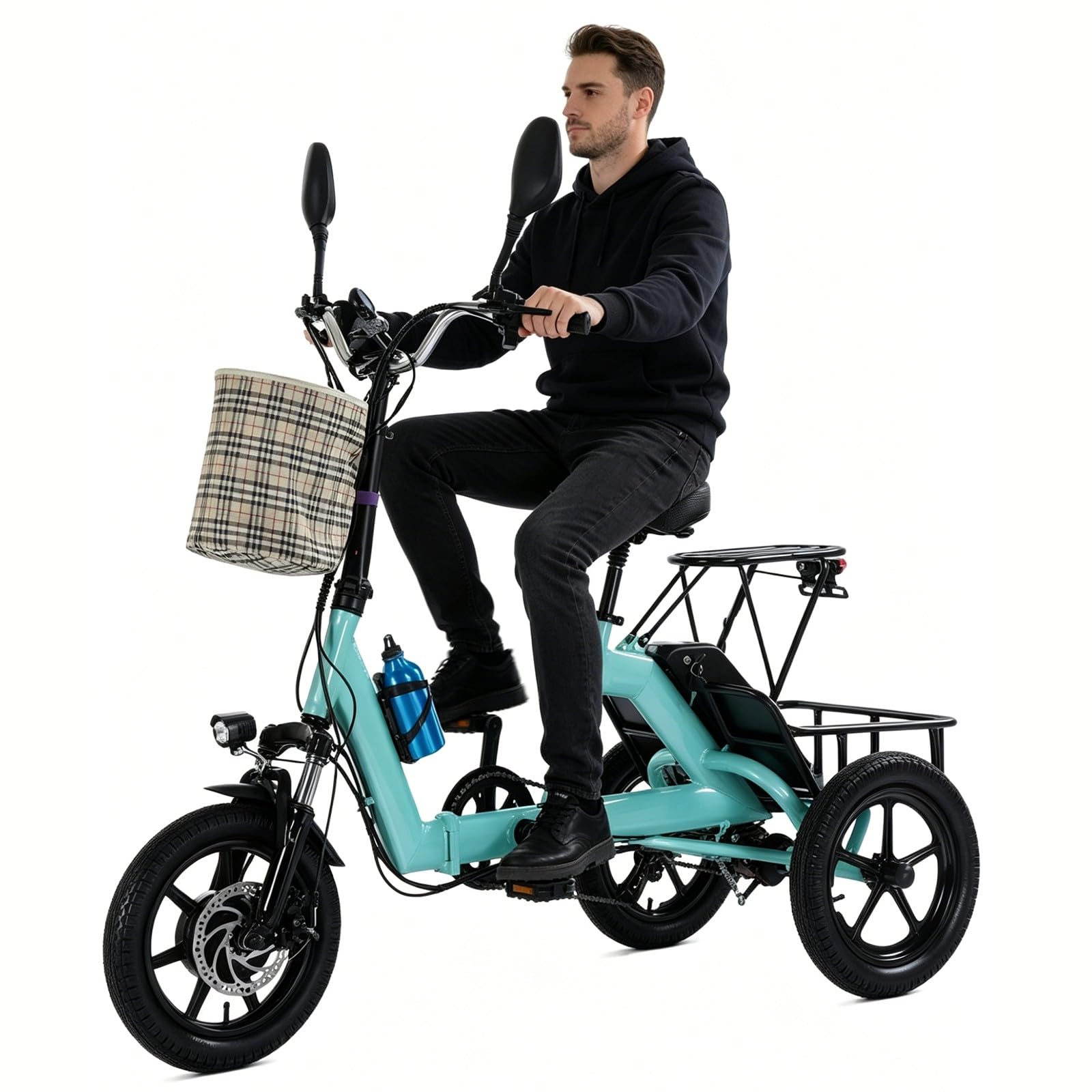 Tricycle électrique Adulte 48V Pliable, vélo Cargo, Batterie Amovible, Freins à Disque Doubles, Suspension, Panier Avant, Porte-Bagages arrière, Bleu