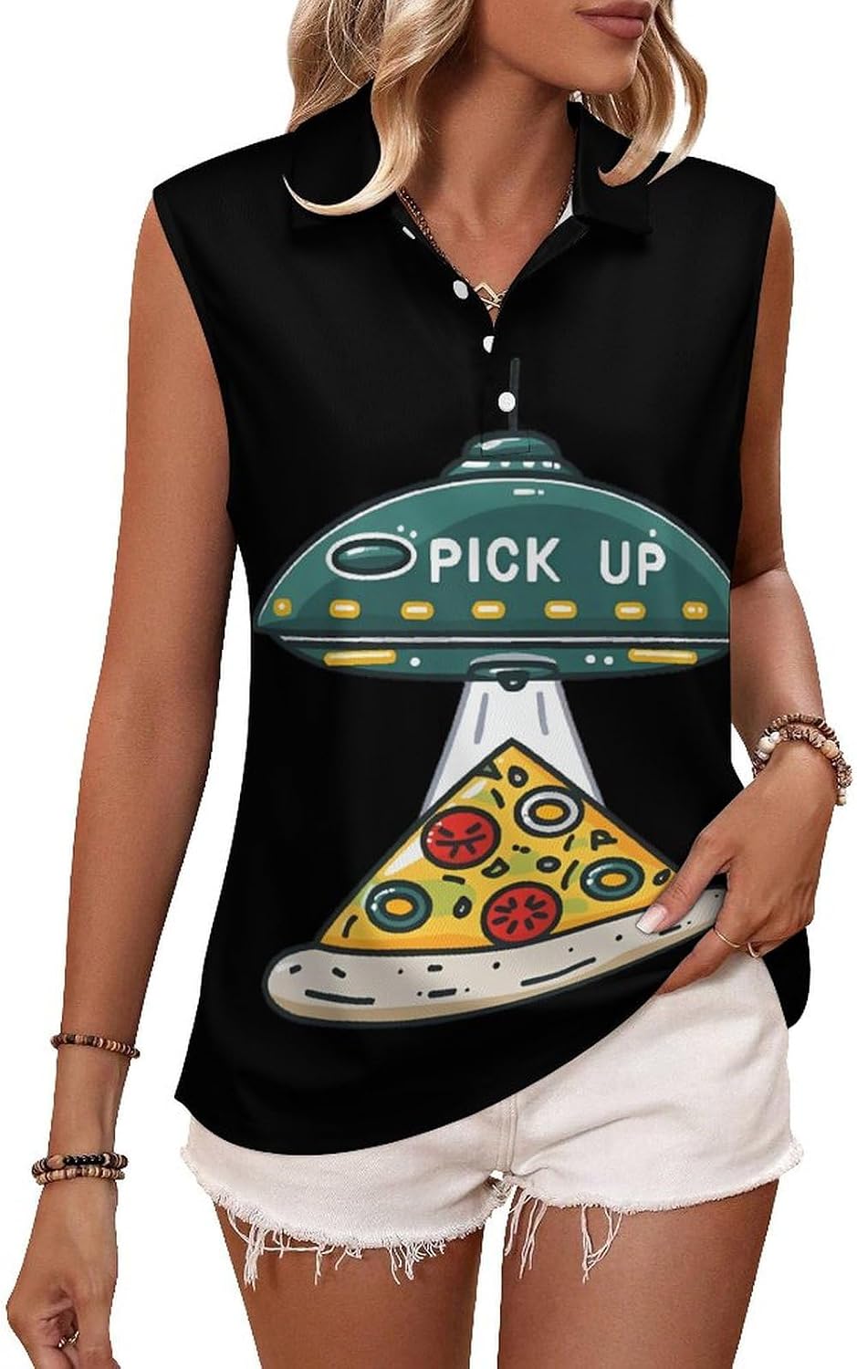 Pizza Pick Up Women's Sleeveless Polo Tank Top Print T-Shirt Tops Casual Tops Summer Workout