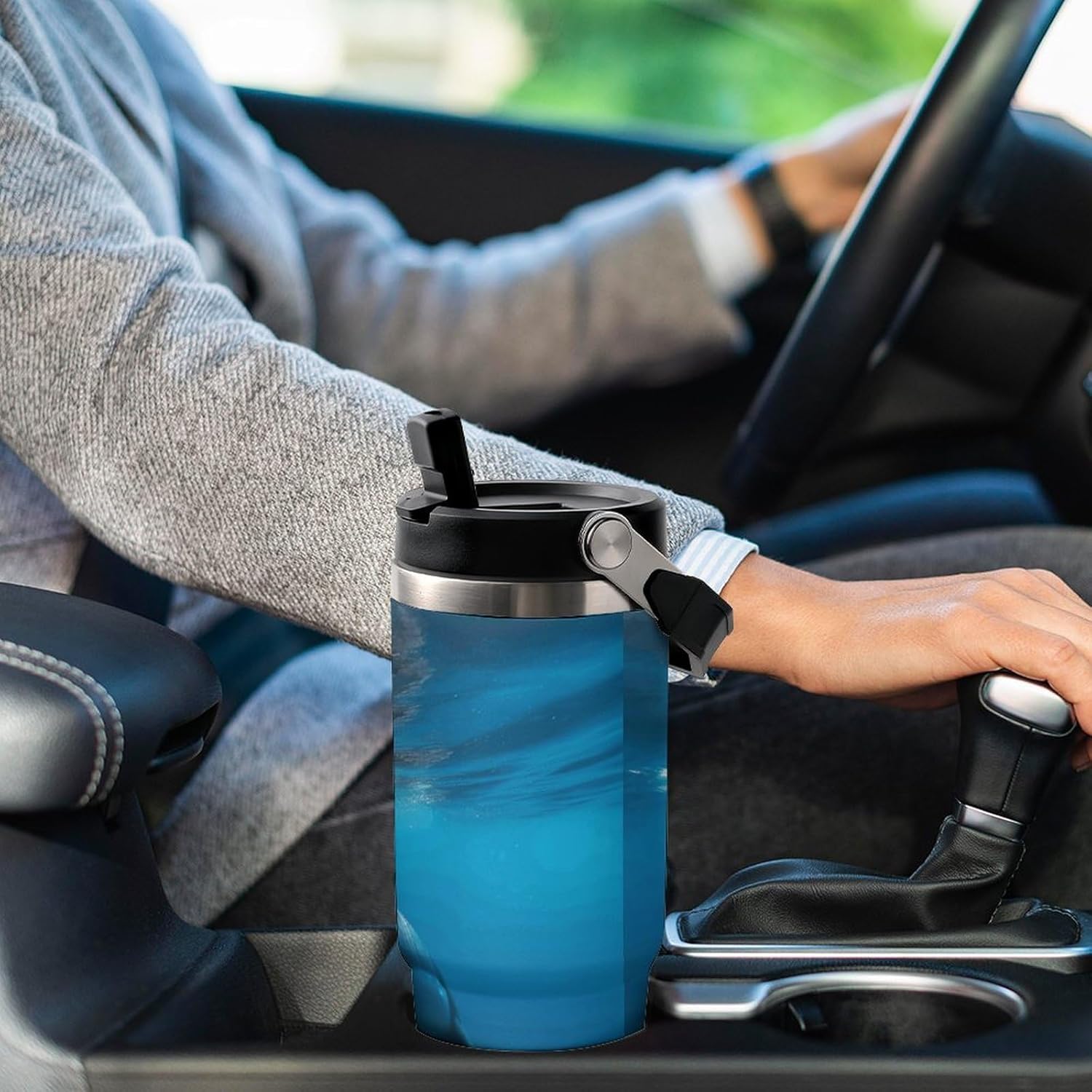 Dolphins in The Ocean1 Water Bottle 30 Oz Fits Car Cup Holder,Insulated Coffee Mug Large Capacity Car Cups,Stainless Steel Double Wall Sport Bottle for Travel Sports Gym