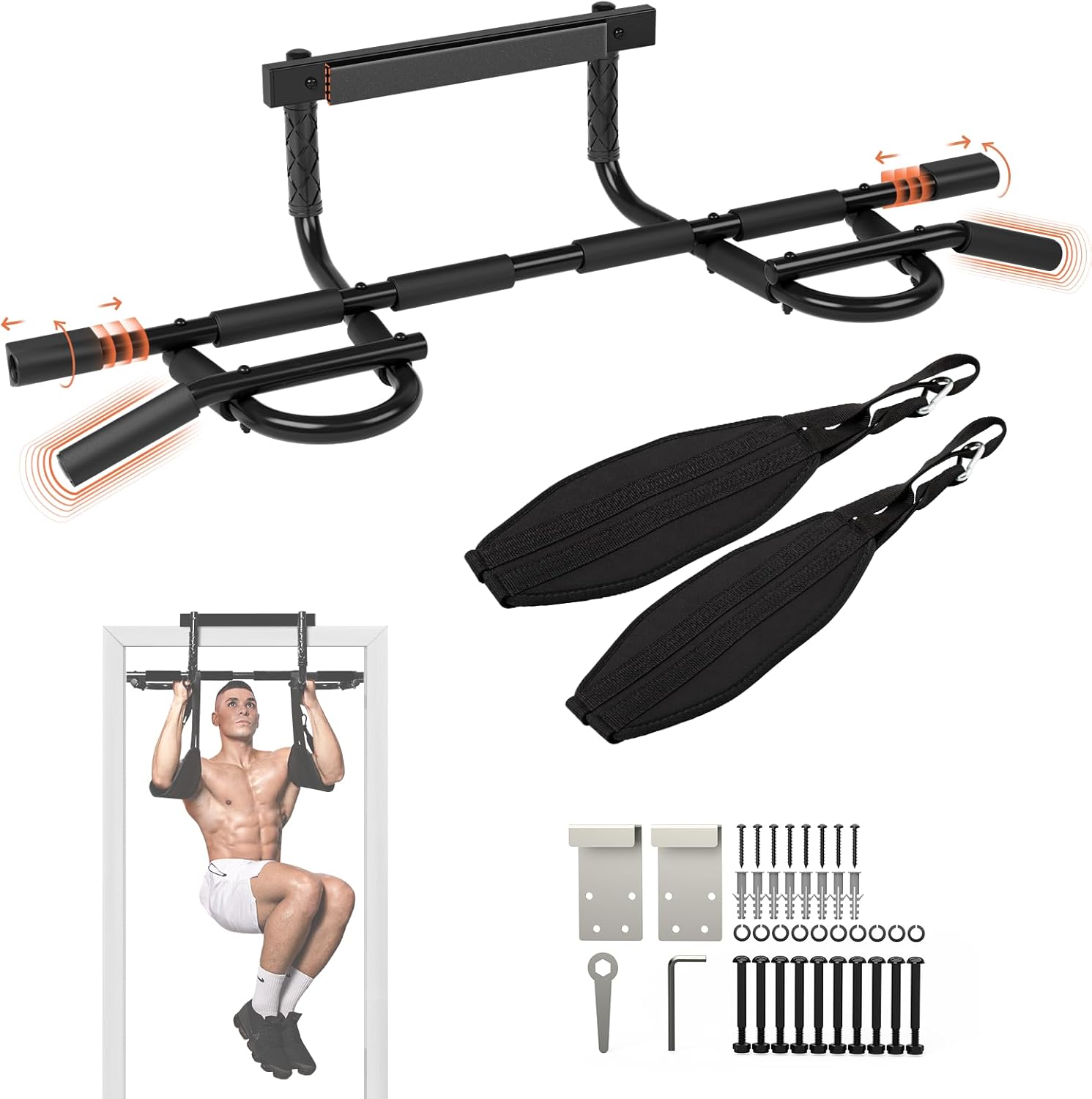 Yes4All Heavy Duty Wall Mounted Pull Up Bar, Over Door Pull Up Bar for Doorway, Multi Grip Chin Up Bar, Sturdy Strength Training Bars & Durable Gym Bar for Home Exercise Premium Pull Up Bar XSP + Ab Straps