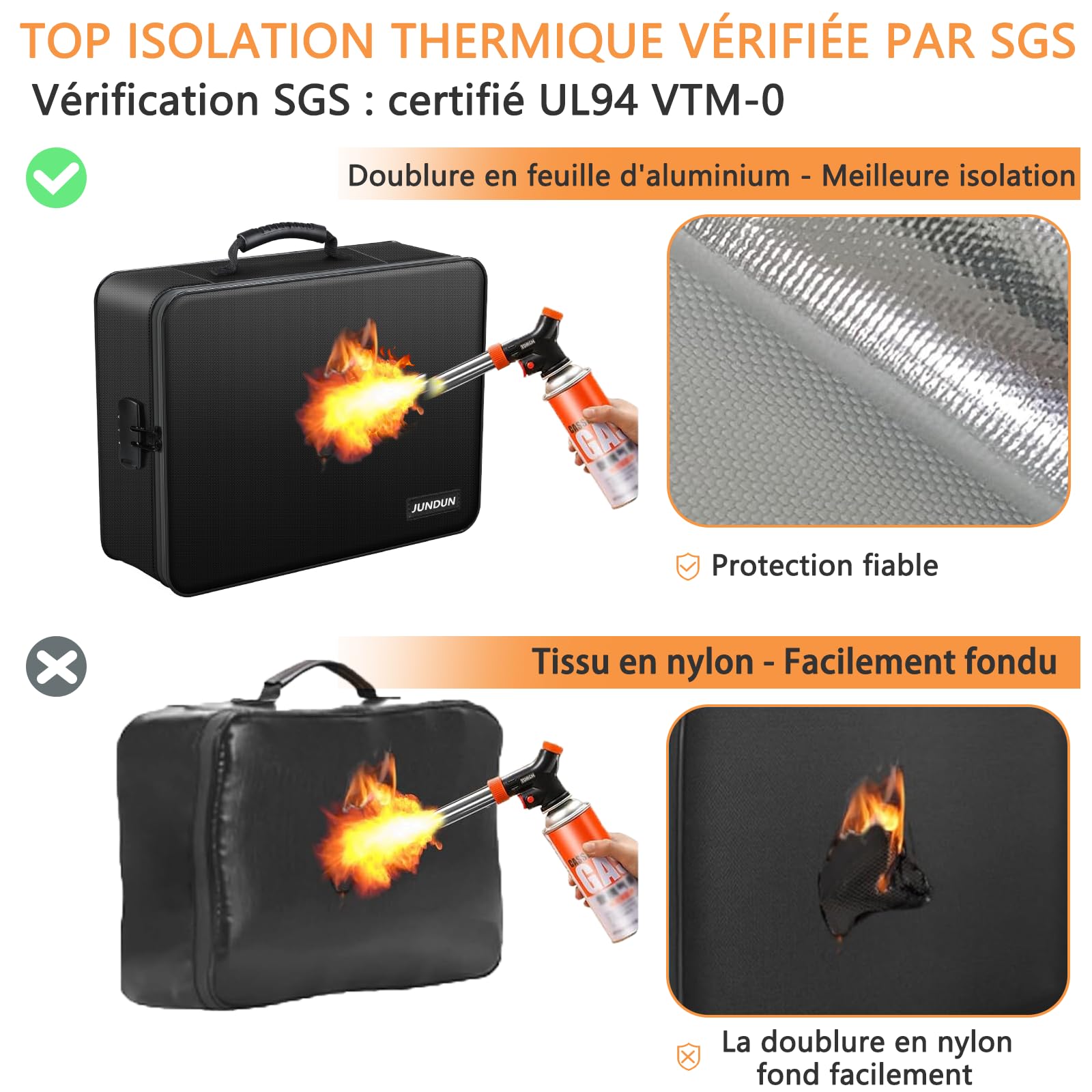JUNDUN Organisateur de documents avec isolation thermique de 5200 ℉, porte-documents ignifuge avec serrure, boîte de rangement pour documents avec 7 compartiments, organiseur de dossiers（noir）