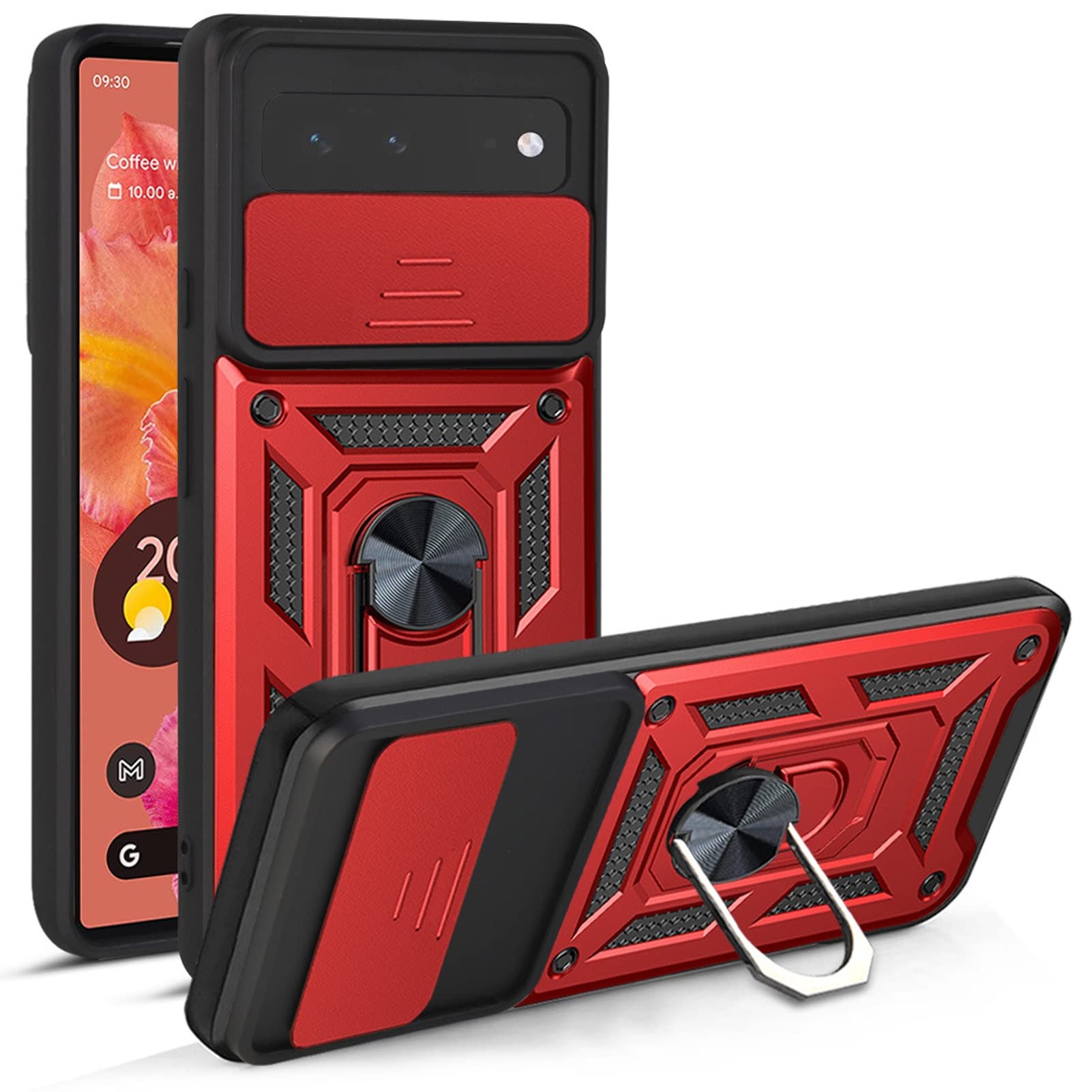 zhouye Case for Google Pixel 6/Pixel 6 Pro,Heavy Duty Armour Case with Slide Camera Cover Shockproof Protective Rotating Ring Holder Magnetic Tough Phone Cover