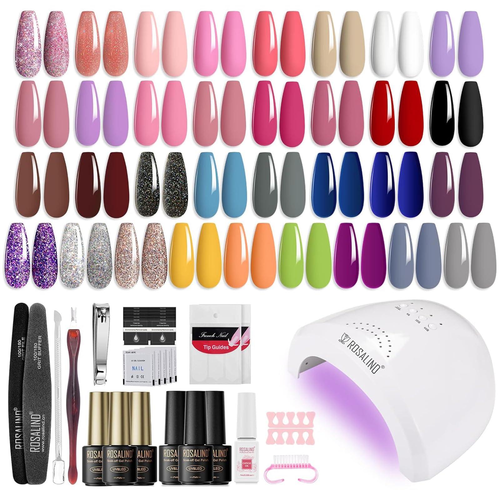 ROSALIND Kit Uñas Semipermanentes, 48W Lampara uñas semipermanentes, 33 Colores Kit Esmaltes de Uñas Gel Completo Lámpara UV Blanco Negro Gris Rosa Esmaltes Permanentes Manucira de uñas