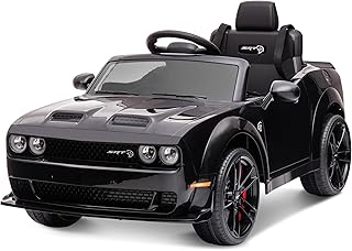 Kids Electric Car, Licensed Dodge Challenger Ride on Car, 12V7Ah Battery Powered Electric Vehicle Kids Ride on Toys with Remote Control, 3 Speeds, LED Headlights, Bluetooth, Music (Black)