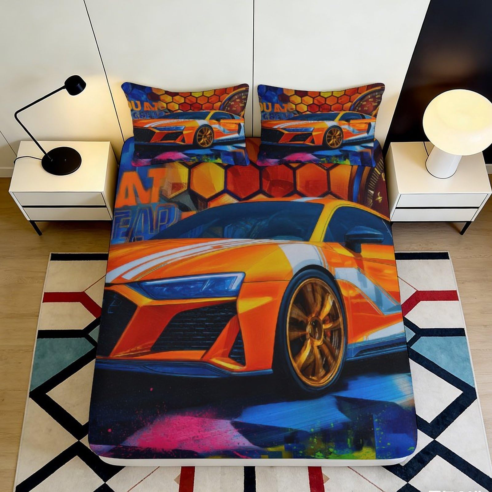 K1r3d9e5 Style-6 3D Printed Sports Car Fitted Sheet Microfiber Orange Racing Graffiti Mattress Cover For Bedroom Dorm Decor 90X200x25cm