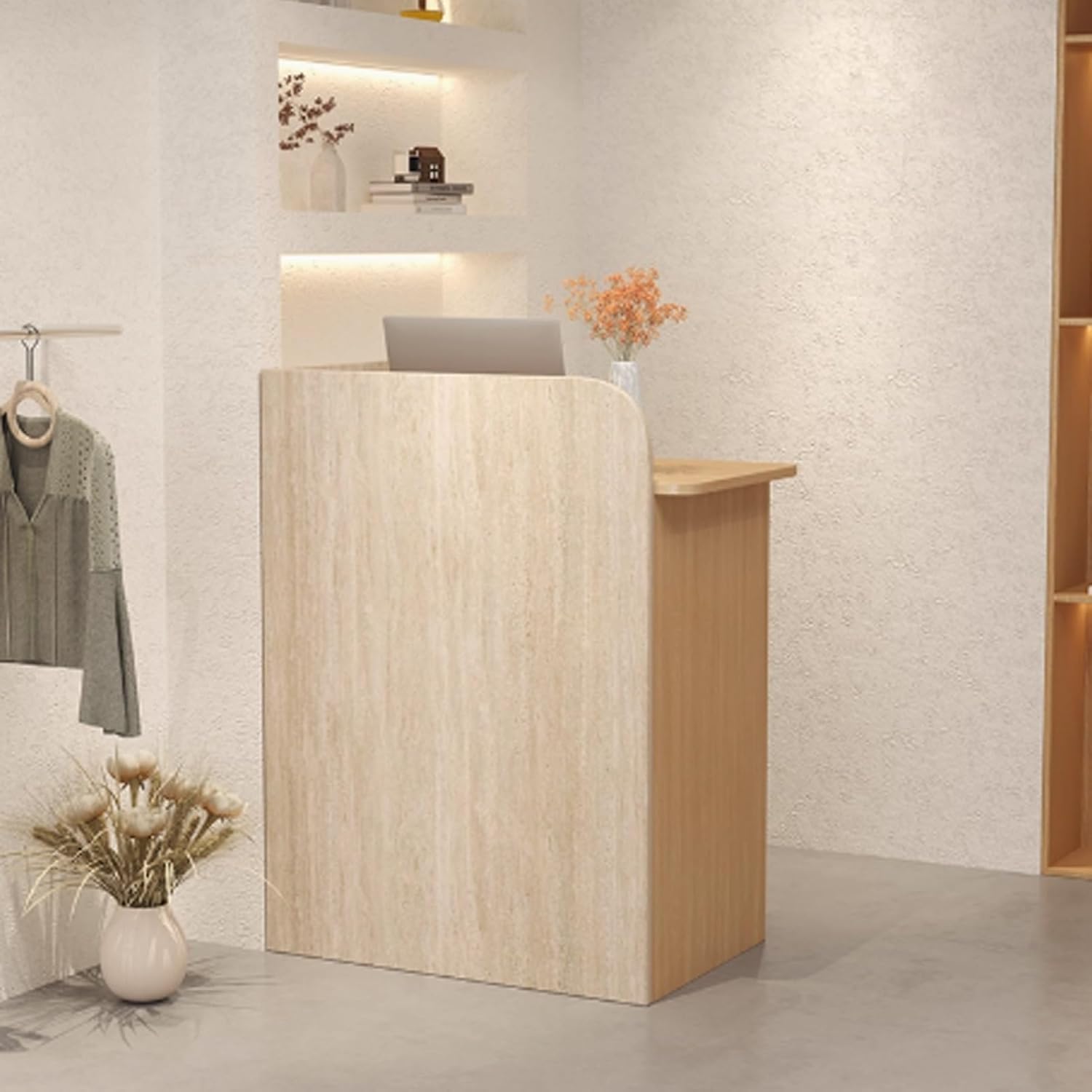 Small Reception Desk for Small Spaces with Lockable Drawer, 32 Inch Compact Front Office Desk | Modern Curved Baffle Design, Secure Storage Cabinet for Salon, Hotel