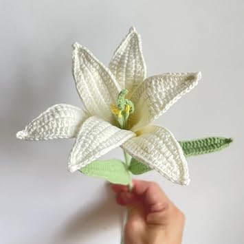 Spinus Lily Crochet Rose Bouquet, Handmade Artificial Gift for Girl Friend, Home Decor, Knitted Forever Flower 1 Stem White Lily