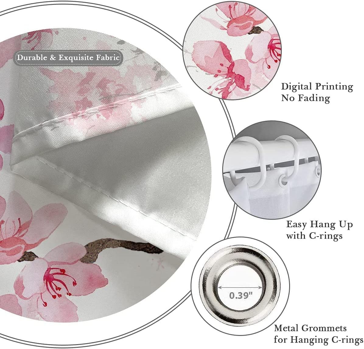 Pink Cherry Shower Curtain 72''W x 72''L Standard White Floral Flower Sakura Plum Blossom Japanese Asian Anime Cute Girl Girly Pretty Style Polyester Fabric 12 Pack Plastic Hooks