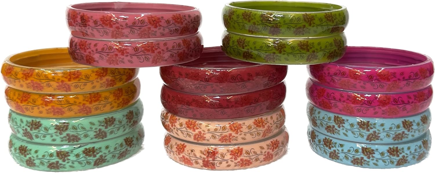 Adorable Simple Plane Printed With Laminated Indian Glass Bangles, Kangan, Kada For Girls (Pack of 16 Bangle)