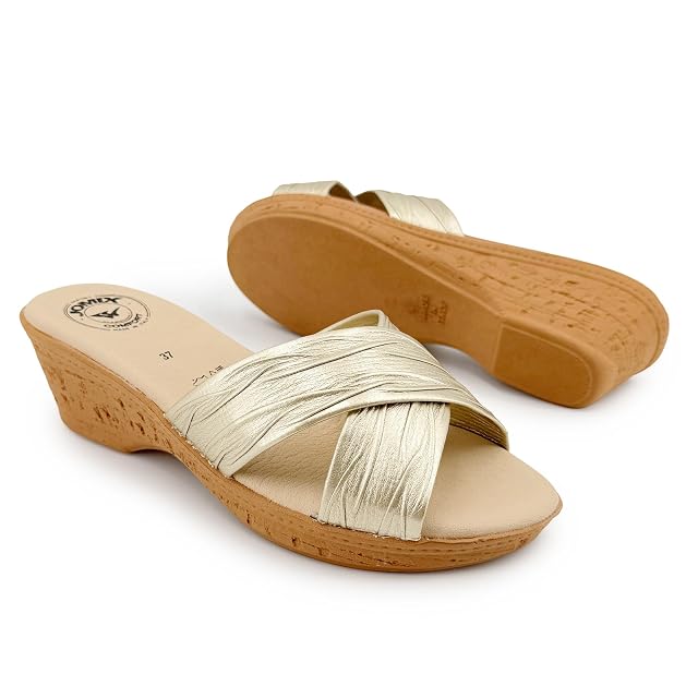 JOMIX Letnie damskie kapcie na koturnie Komfort Memory Made in Italy Metallic Cross Bands Wygodne sandały Anatomiczna miękka podeszwa antypoślizgowa lekka podeszwa do domu miejskiego i rekreacyjnego