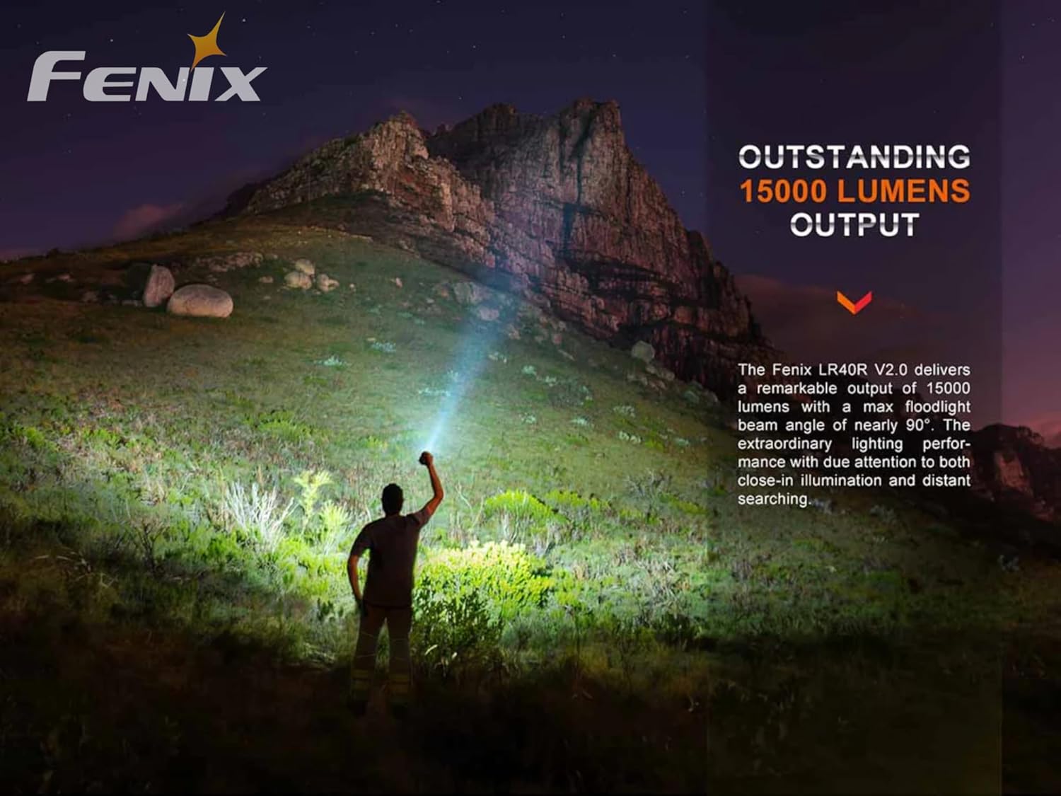 Lumintrail Fenix LR40R V2.0 Super Bright Flashlight, 15000 Lumens, USB Fast Charging Rechargeable, Long Throw Searchlight with Floodlight and Spotlight and a USB Wall Plug