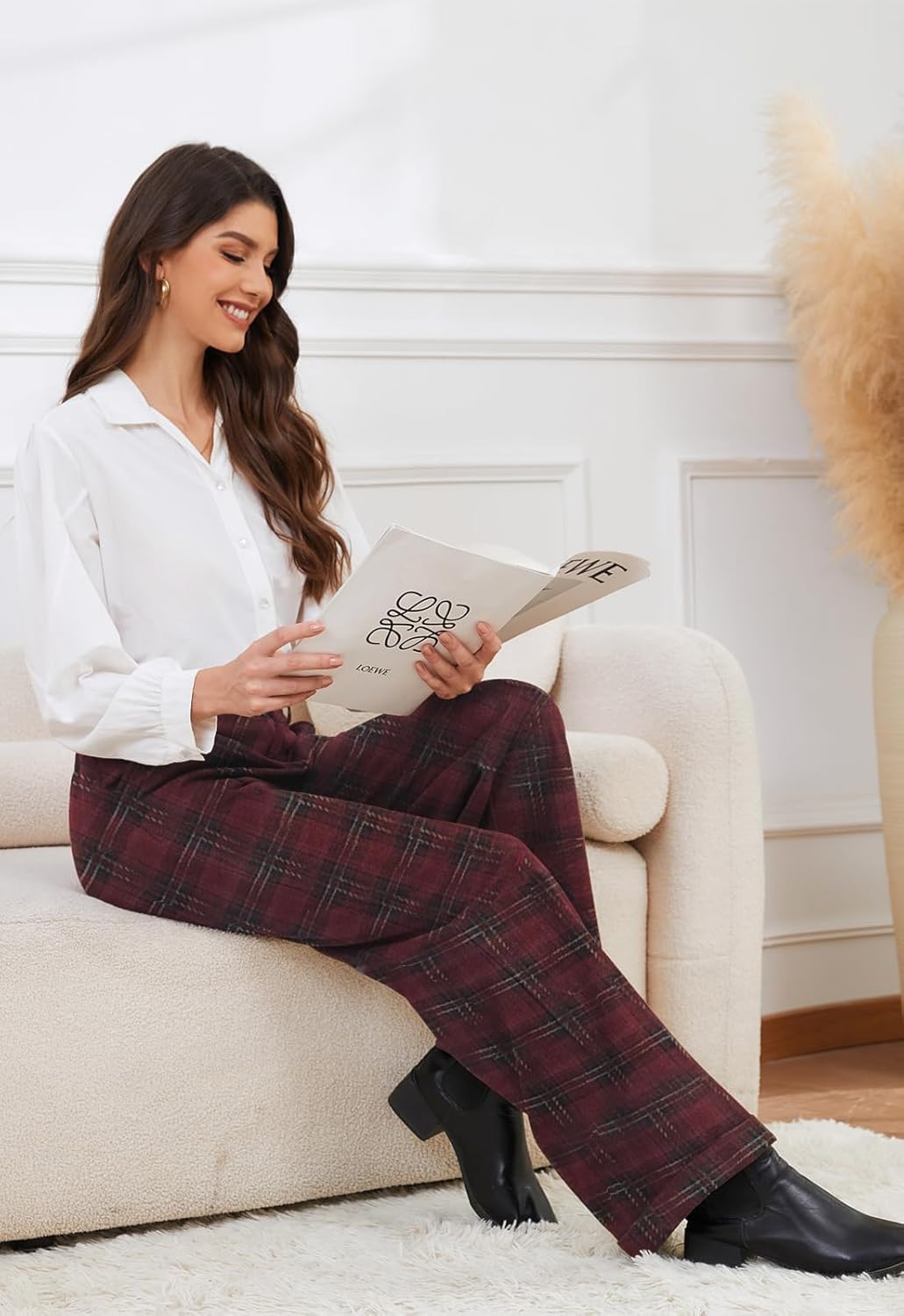 Women Plaid Dress Pants High Waisted Wide Leg Pants Fleece Pants for Women Stretchy Fall Trousers - Image 4