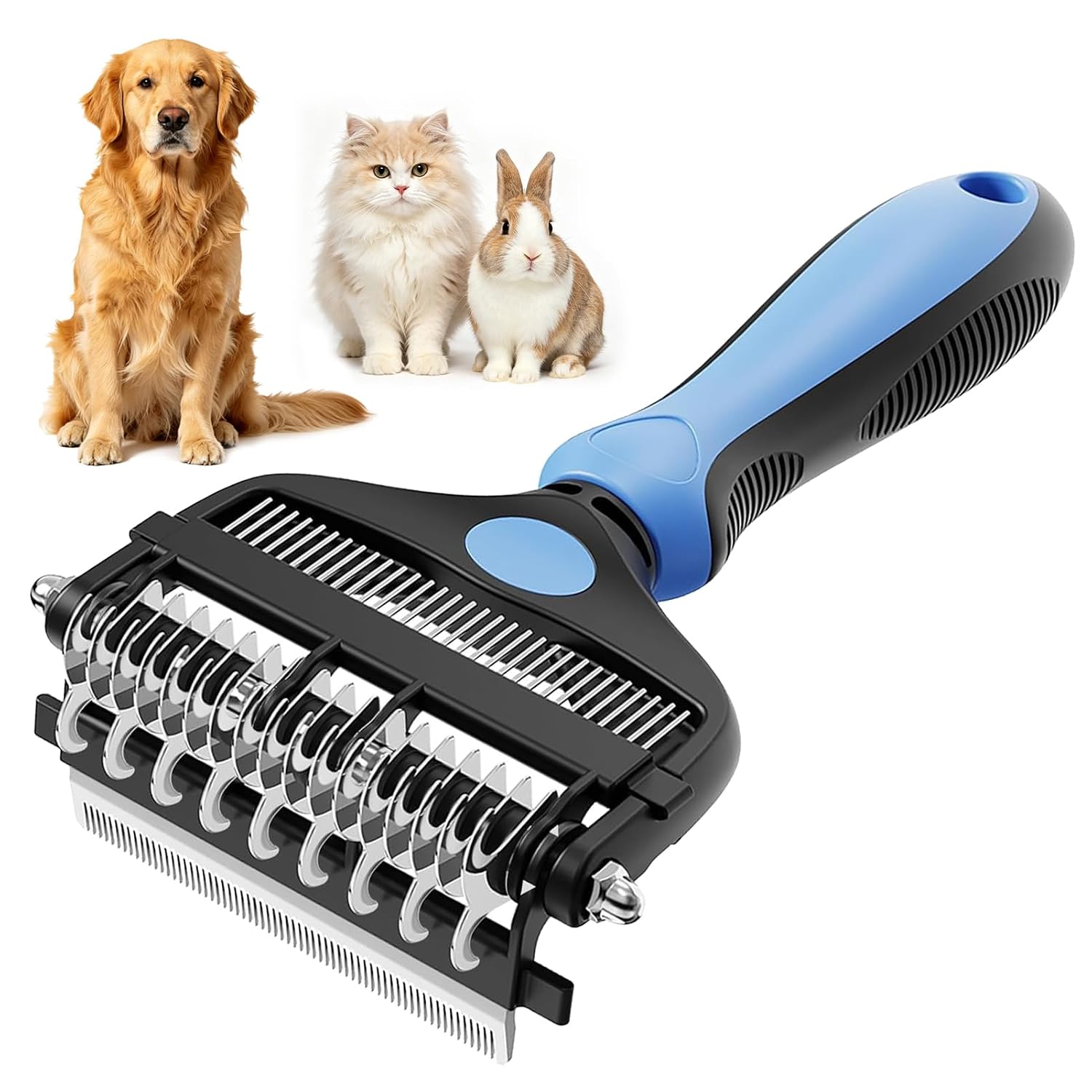 Upgraded 3-in-1 Dog Grooming Brush for Heavy Shedding - Professional Deshedding Tool for Mats, Tangles & Undercoat Removal in Long Hair Dogs & Cats (Blue)