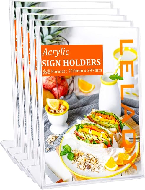 LELADY A4 Acrylic Sign Holders (5 Pack) Clear A4 Plastic Display Stands Menu Holders for Tables, Counter Poster Sign Display Stands for Restaurant, Store, Hotel, Office, Exhibition