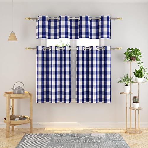 Miniatura 20 de Juego de 3 cortinas de cocina estilo campirano clásico con ventana de algodón y cenefa con ojales - Set de cenefa y volado a cuadros Buffalo en rosa