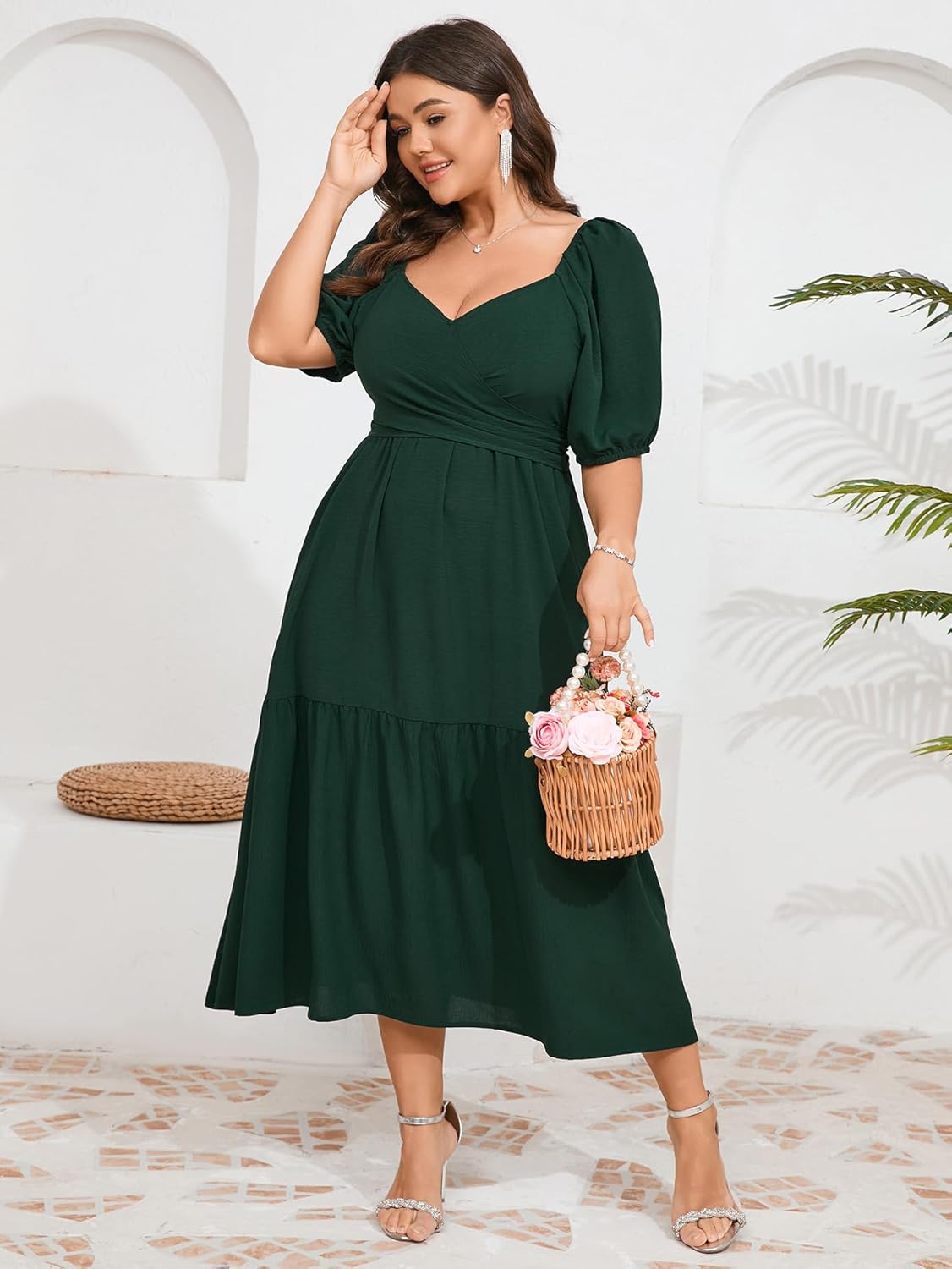 Plus Size Wedding Guest Dress Wrap V Neck Short Sleeve Elastic Waist Flowy A Line Cocktail Formal Maxi Dresses - Image 3