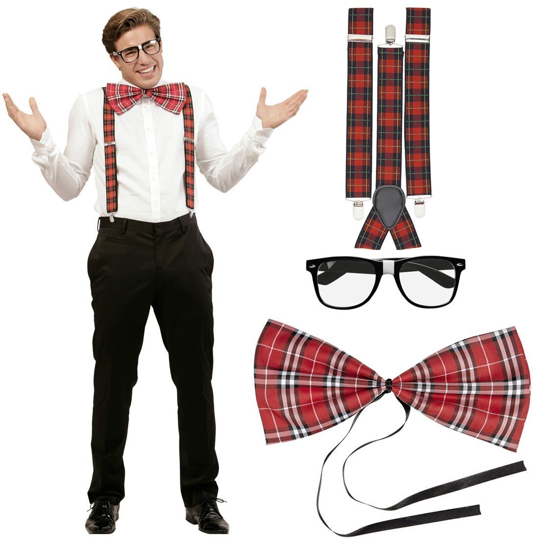 Mega_Jumble Nerd Costume Kit Geek Disguise Set Chequered Checked Braces Fly Glasses Swot Outfit Accessory Bad Taste Theme Party 80's Dweeb School