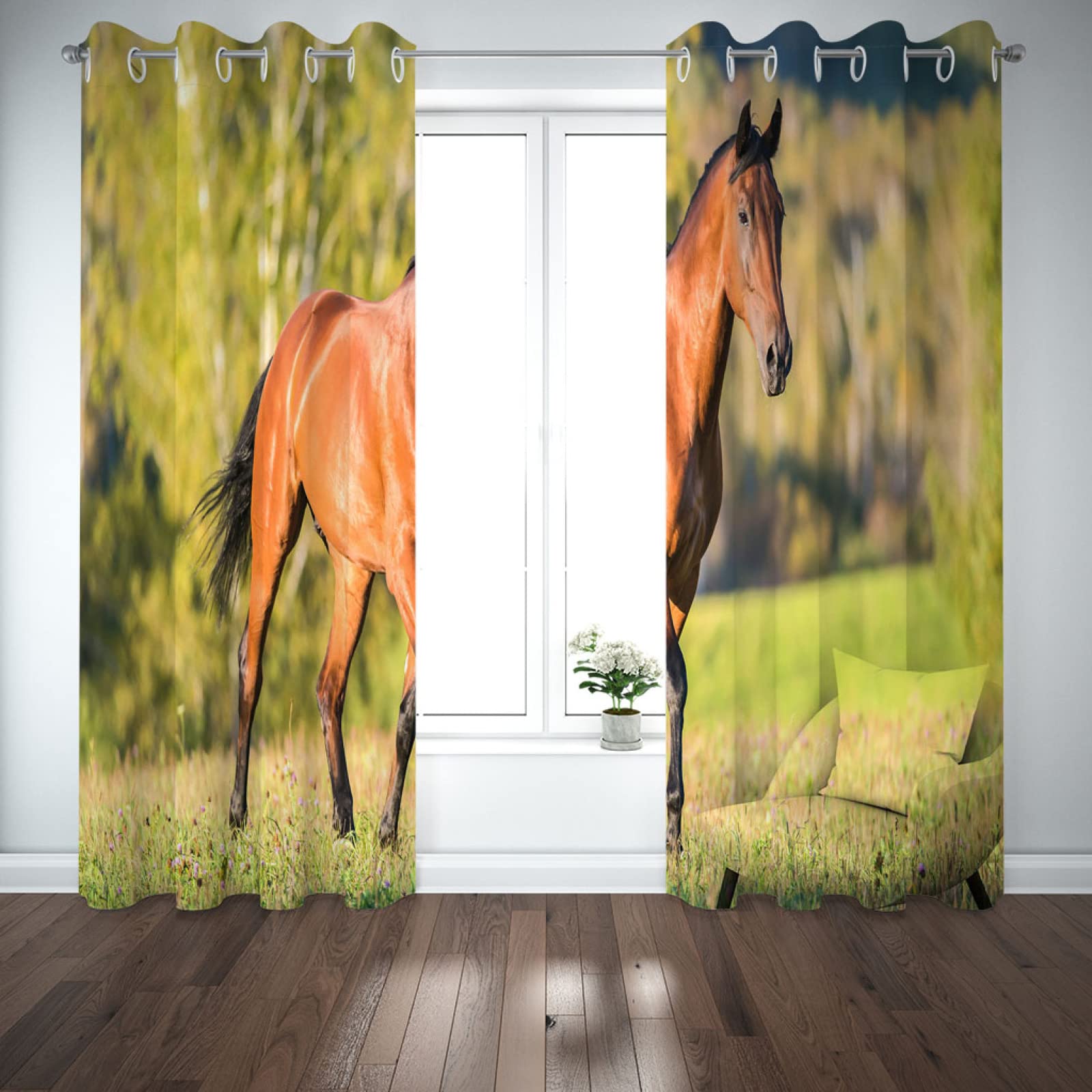 Vorhänge Verdunkelung Kinderzimmer Mädchen Junge Mit Ösen Wald Sonnenschein Tier Pferd 2Er Set 200X160Cm Gardinen Wohnzimmer Schlafzimmer Verdunkelungsvorhang Thermovorhang Hitzeschutz Schallschutz