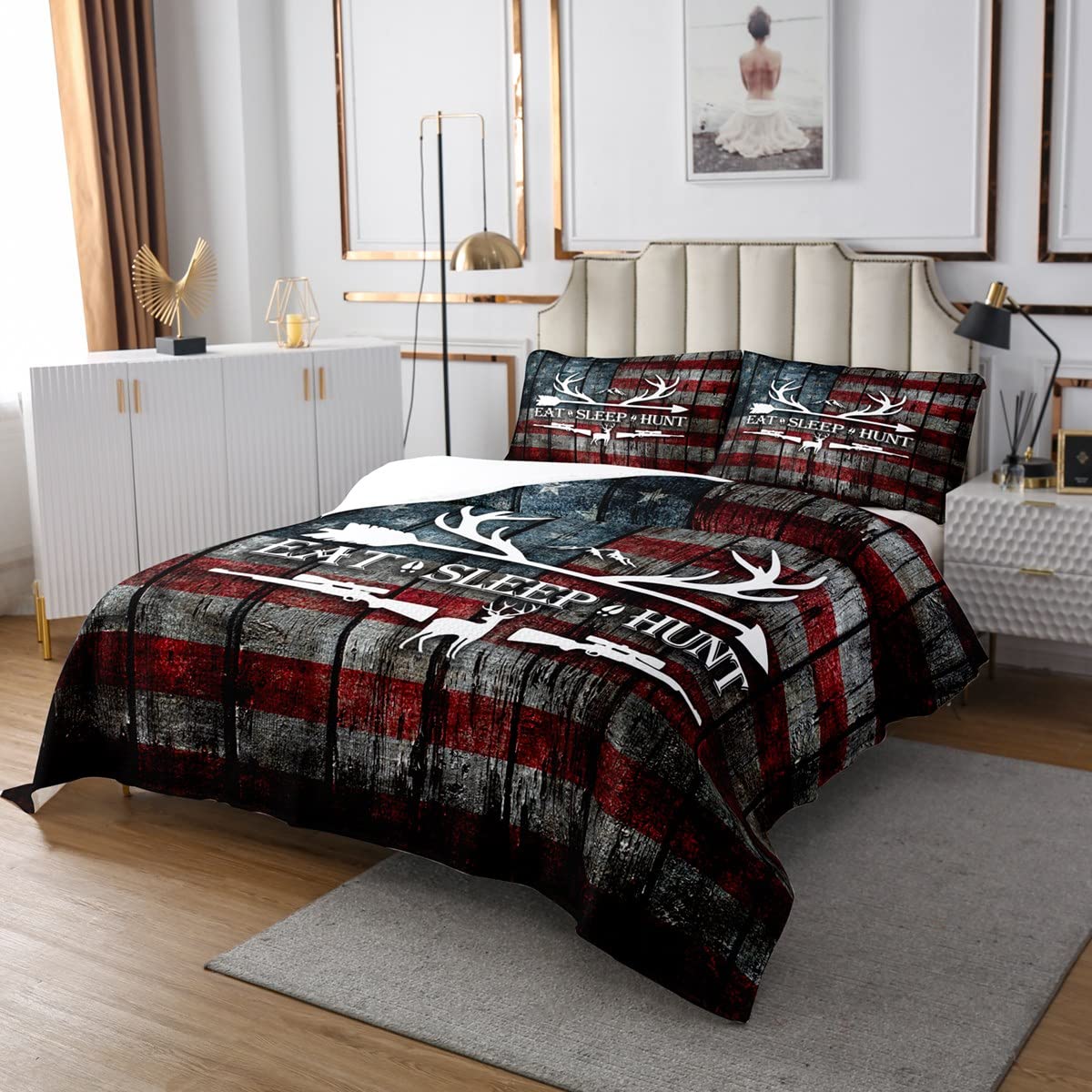 Eat Sleep Hunt 3 Piece King Bedspread,Deer Antler and Arrow Print Quilt Set for Children Adult Bedroom Gift,Retro Stars Stripes American Flag Quilt Set with 2 Pillowcases, Soft Polyester Quilted