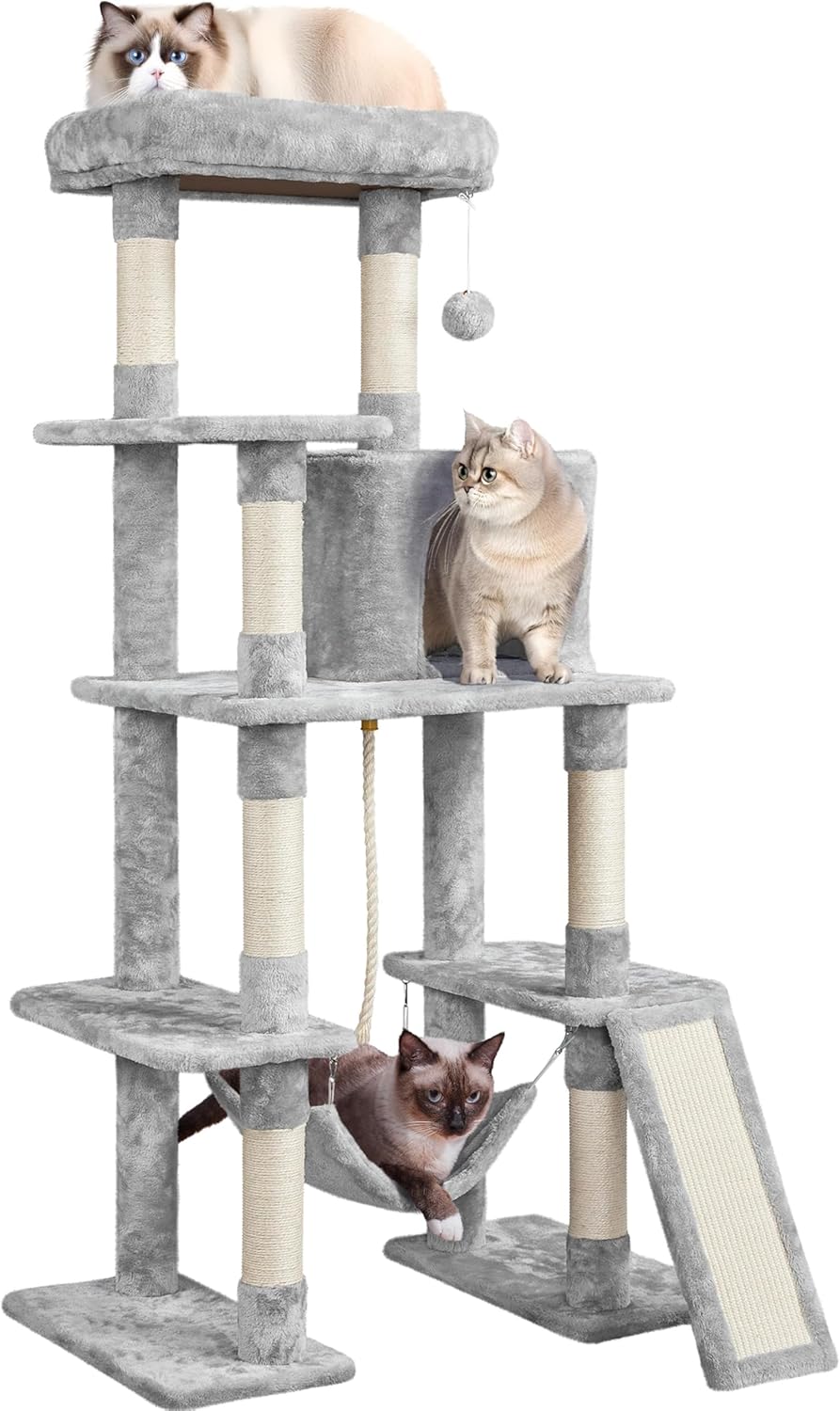 Yaheetech Cat Tree, Multi-Level Cat Tower for Indoor Kittens, 63in, Condo Furniture with Scratching Posts, Large Top Perch, Hammock, Tall Pet Climbing Stand for Kitty Play Light Gray 63in