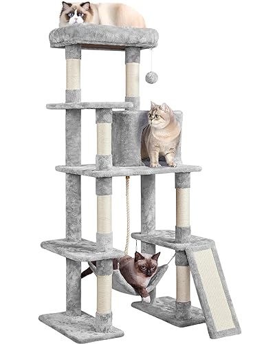 Yaheetech Cat Tree, Multi-Level Cat Tower for Indoor Kittens, 63in, Condo Furniture with Scratching Posts, Large Top Perch, Hammock, Tall Pet Climbing Stand for Kitty Play - Light Gray