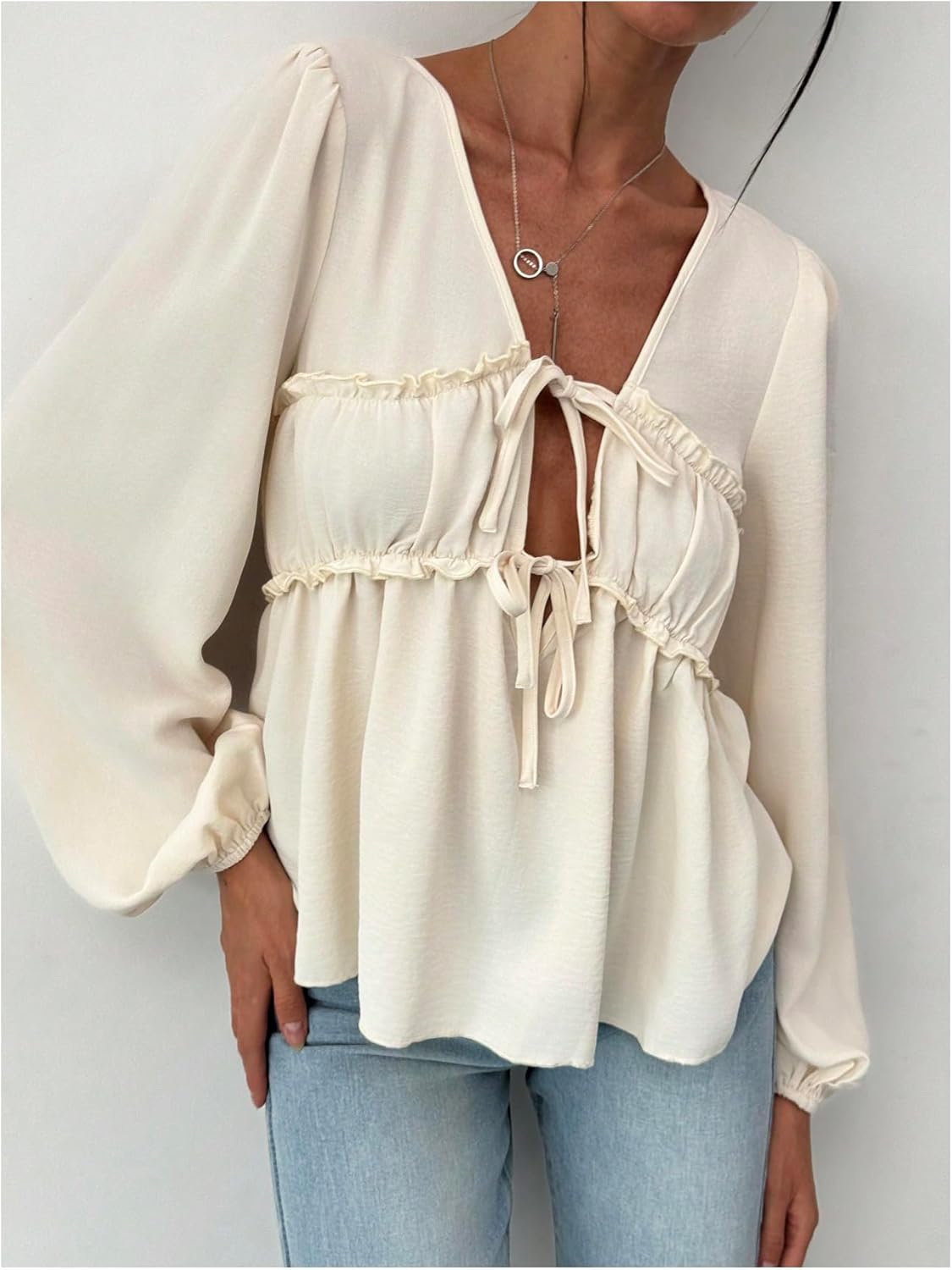 WDIRARA Women's Tie Front V Neck Long Bishop Sleeve Flared Blouse Frill Trim Peplum Top - Image 5