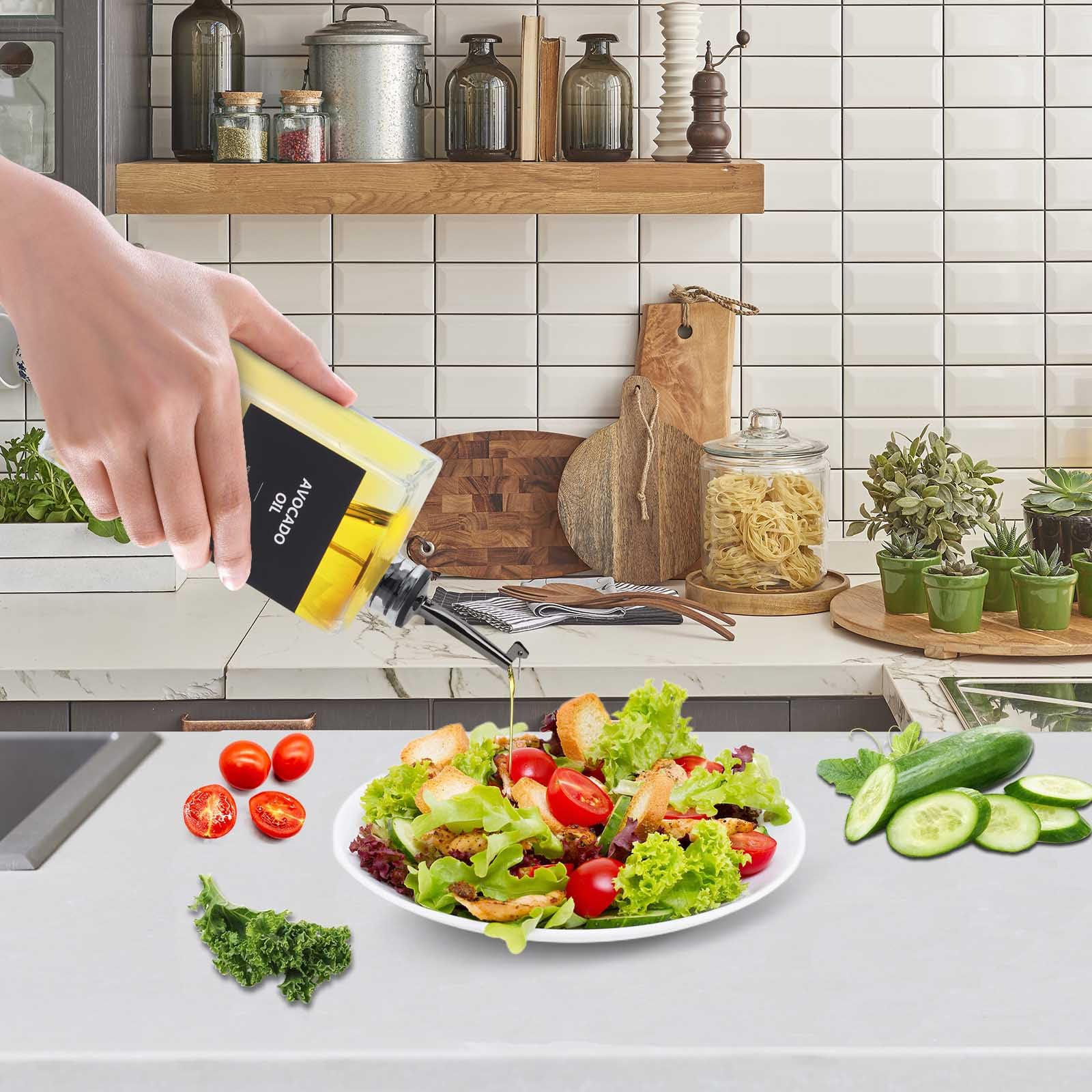 sunal Olive Oil Dispenser Bottles,Black Oil Bottle for Kitchen,500ml/16.9 oz Glass Oil and Vinegar Dispenser Set,Oil Bottle with Weighted Pourer and Waterproof Label&Silicone Funnel,2pack - Image 2