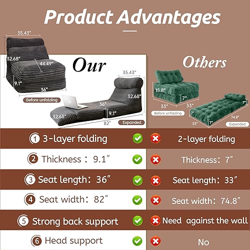 Miniatura 4 de Sofá futón plegable de 82 pulgadas, sin huesos, tumbona convertible, silla de lectura con soporte de respaldo de almohada, cama plegable portátil,