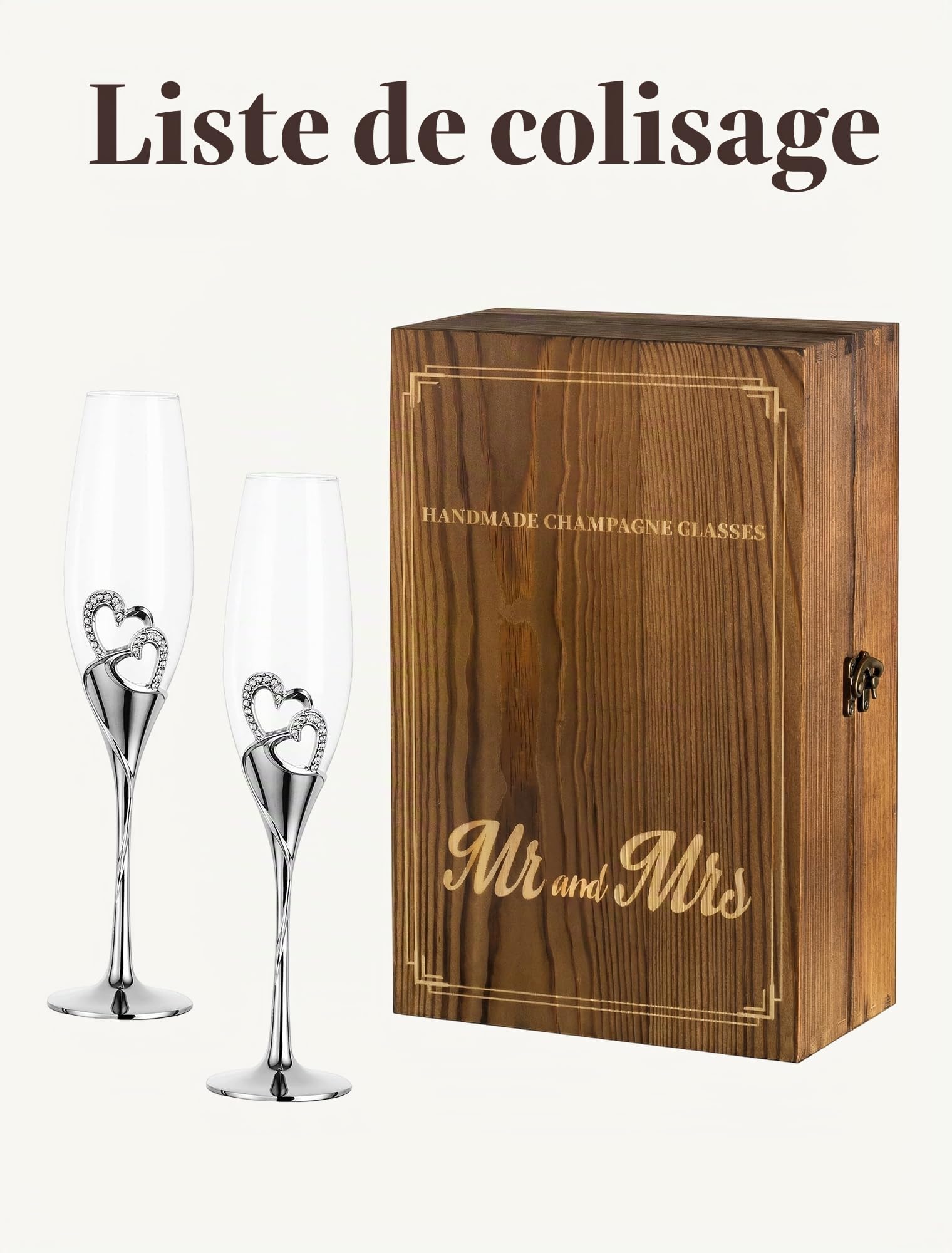 Flute Champagne Verre Cadeau Mariage Lot de 2 Argent Coupe Champagne avec Coffret Cadeau en Bois Gravé Flûtes à Champagne Anniversaire Demoiselle Honneur Fiançailles Cadeaux pour Couple