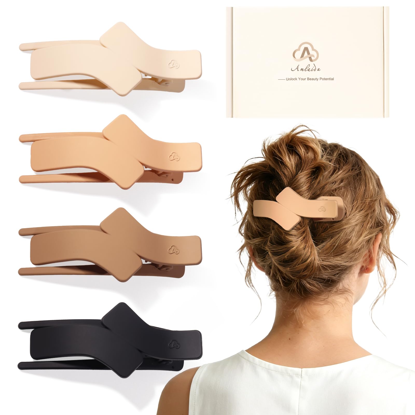Amlaidu Flache Haarspangen für Damen, Starker Halt Flache Haarklammern für Feines, Dickes, Mittleres und Dünnes, Rutschfest Haarspangen, Beige, Hellkhaki, Dunkelkhaki, Schwarz, 4 Stück