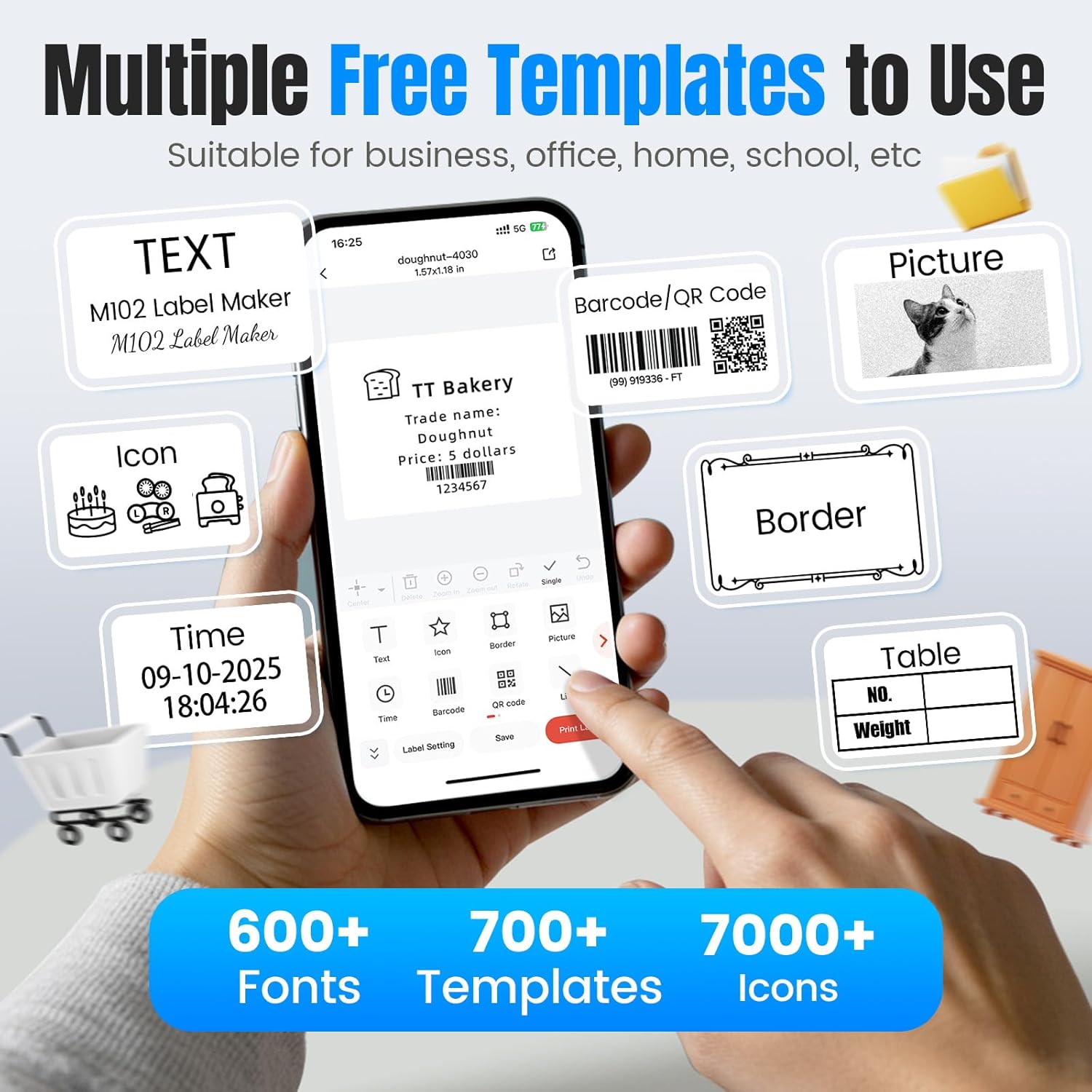 Ponek Label Maker, M102 Barcode Label Printer with 7000+ Icons 700+ Templates, 2 Inch Label Maker for Small Business, Home, Office, Kitchen, School, Gift Tag Printer