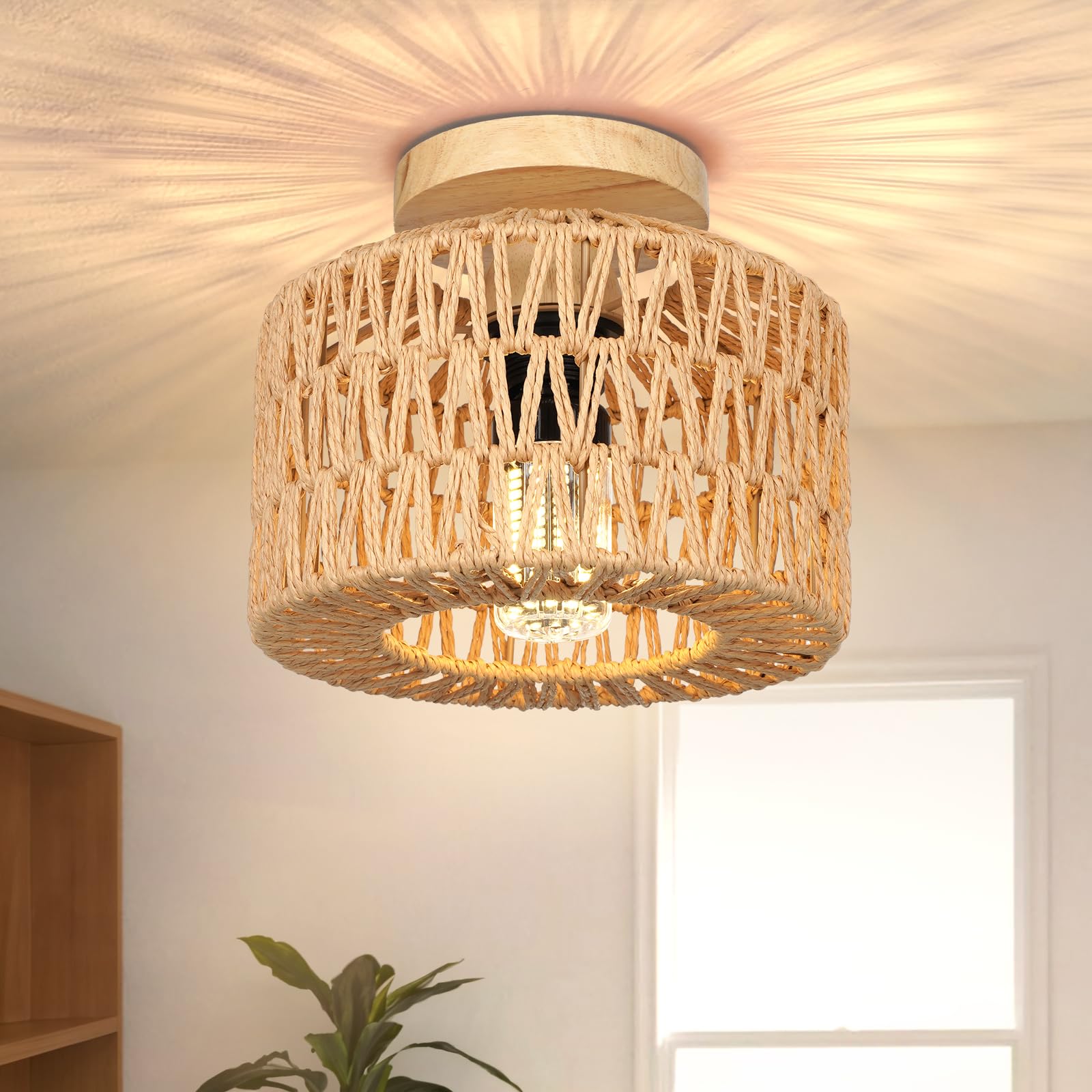 FRIDEKO HOME Boho Rustic Ceiling Light, Farmhouse Ceiling Light Fixtures, Bamboo Lamp with E27 Base, Natural Rattan Lampshade for Bedroom, Living Room, Dining Room, Hallway