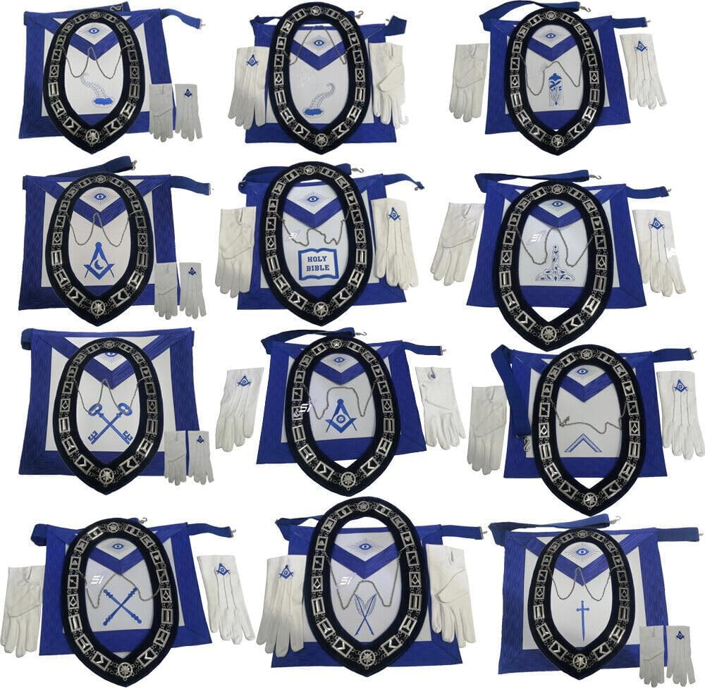 Masonic Blue Lodge Officer Aprons Set Of 12 - Gloves, Chain Collars - Jewels