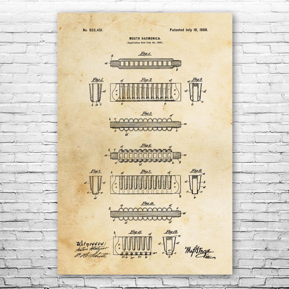 Harmonica Poster Print, Recording Studio Art, Blues Player Gift, Concert Hall Art, Harmonica Player, Musician Gift Vintage Paper (24 inch x 36 inch)