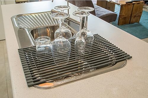 Miniatura 3 de Ahyuan - Escurridor de platos grande enrollable para fregadero, cuadrado, barras sólidas multiuso, revestidas de silicona, acero inoxidable,