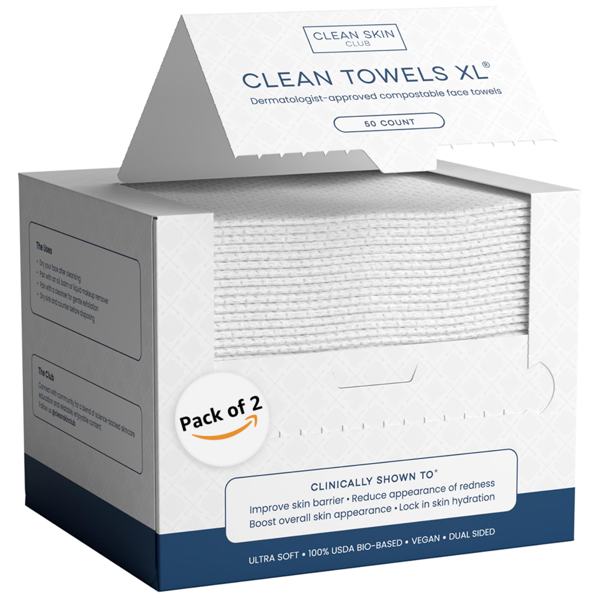 Clean Skin Club Clean Towels XL®, 100% USDA Biobased Face Towel, Disposable Face Towelette, Eczema Association Accepted, Makeup Remover Dry Wipes, Ultra Soft, 50 ct per pack, 6 Packs, 300 Ct Total: 100 Count (Most Popular!)