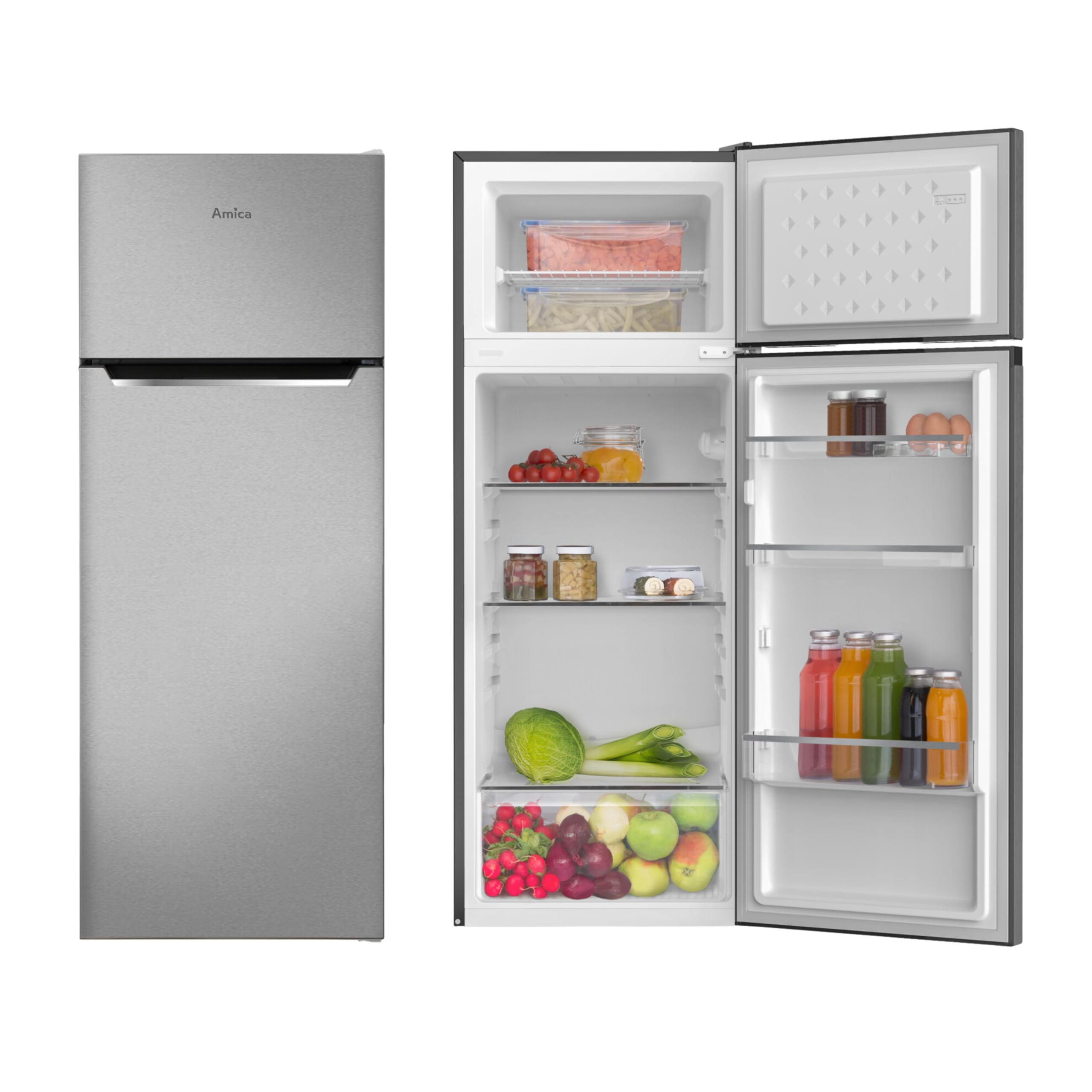Amica Kühl-Gefrierkombination 211 L 144x54x55 cm DT 374 160 E | 170 L Kühlteil, 41 L Gefrierteil, FrostControl, Automatische Abtauung, LED Beleuchtung, Gemüseschublade