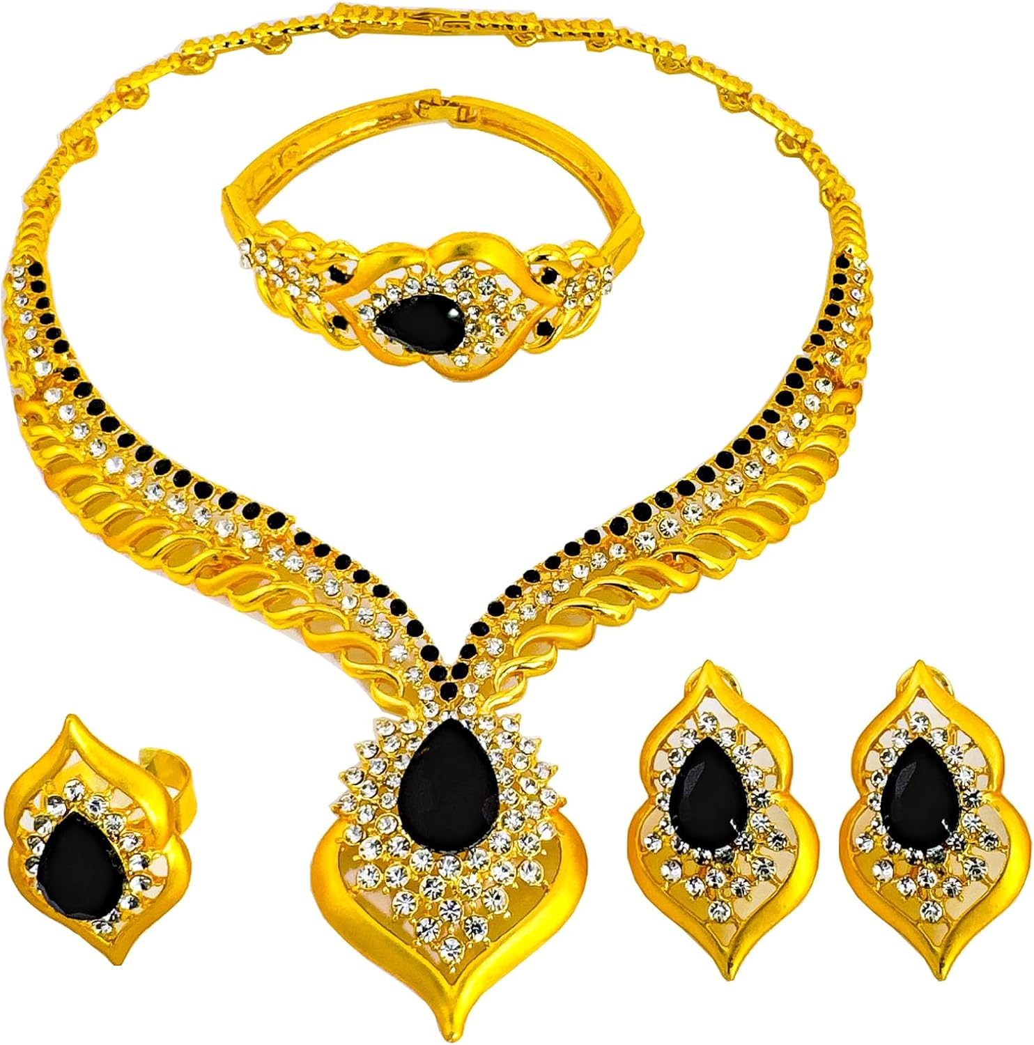 Gold Jewelry Sets for Women,Dubai Statement Necklaces Gold Bracelets Open Hoop Earrings Ring Fashion Crystal Wedding Costume Jewelry Accessories Set Mom Birthday for Women Valentine‘s Day Gift