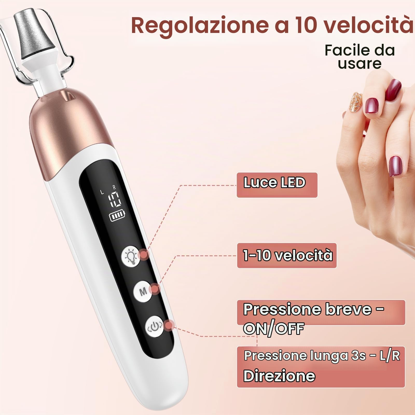 Fresa per Unghie, Fresa Unghie Professionale per Manicure e Pedicure, 10 Velocità Lima Elettrica Per Unghie, 6 Accessori in Feltro e Zaffiro, per Cuticole Remove, Curare Unghie, Casa Salone Regalo