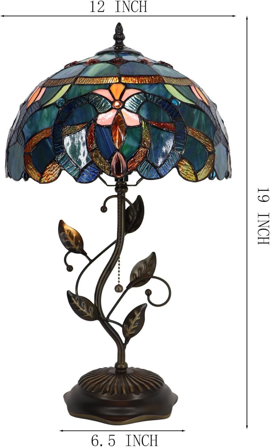 Tiffany Table Lamp, Stained Glass Desk Light, W12H19 Inch, Metal Leaf Base (Blue Baroque Style)