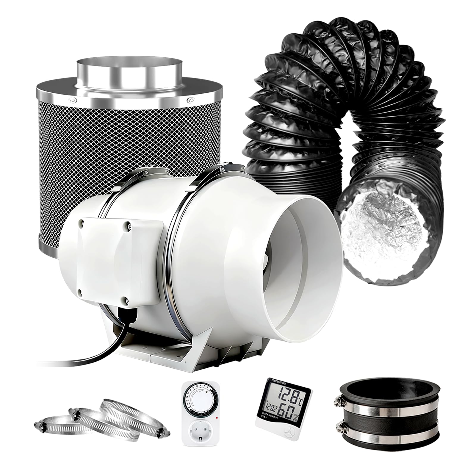 Rohrventilator 150mm Set Abluftset mit Abluftventilator 540 m³/h,Aktivkohlefilter,3M PVC Abluftschlauch,Hygrometer,Zeitschaltuhr,Gummikupplung,3 Rohrschellen für Indoor Growzelt Hydrokultur