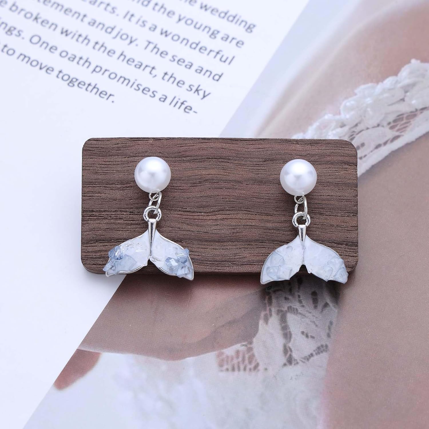 Bohemian Crystal Pearl Tail Dangle Earrings Blue Mermaid Tail Drop Earrings Round Pearl Stud Earrings Rhinestone Pearl Fishtail Earrings Jewelry for Women - Image 3