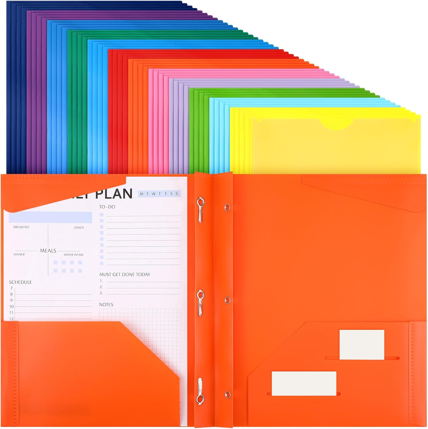 Tenceur 48 Pack Plastic Folders with 3 Prongs Bulk Heavy Duty Folders with Clear Front Pockets and Card Slots with Fasteners Fit Letter-Size Papers for Work School Office (Stylish Colors)